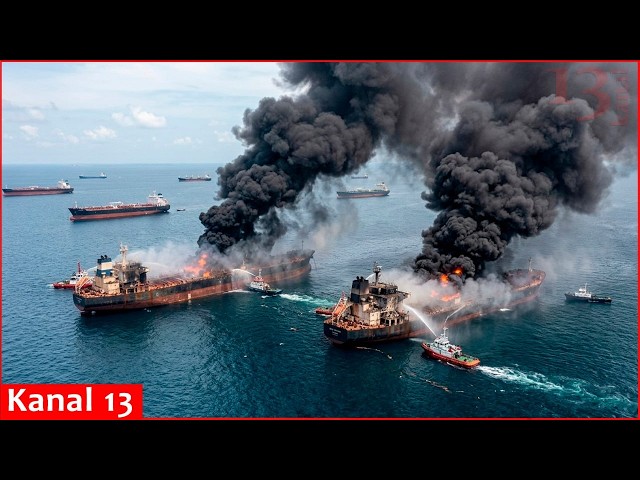 Eight Russian shadow fleet fuel tankers, cargo ship, ferry are struck in drone attack in Sea of Azov
