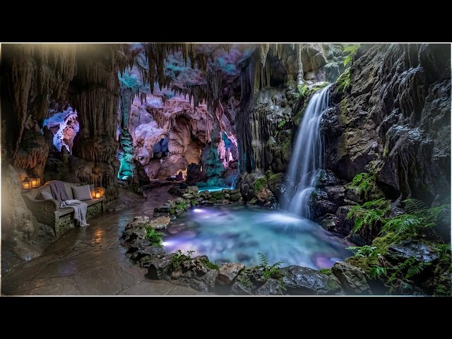 A 24/7 pure meditation sound bath, paired with a slowly shifting cave and waterfall scene bathed