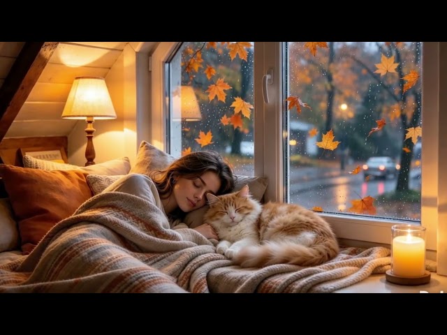 Rainy autumn comfort 🧡 Sleep soundly — soft rain, falling leaves, warm light & calming music