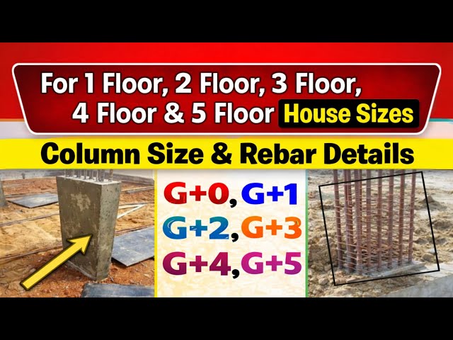 Column size for G+0, G+1, G+2, G+3 and G+4 building | 1 से 5 मंजिल मकान का कॉलम साइज और सरिया |