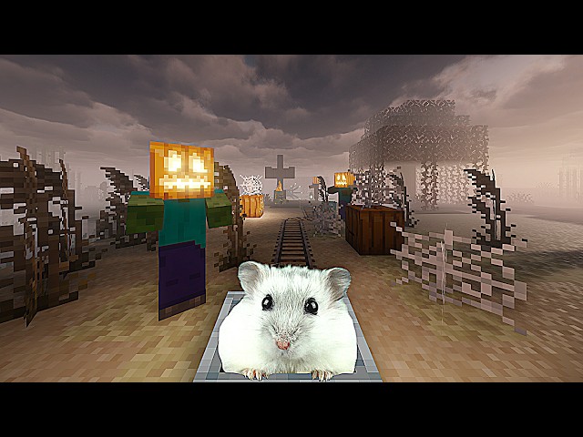 Hamster vs Pumpkin Head Monsters Roller Coaster Halloween Maze in Minecraft  🎃