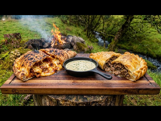 Cheesy MEATBALL CALZONE over Campfire | Forest Cooking ASMR