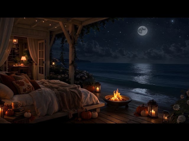 [No Ads] Cozy Sleep by the Sea 🌙 LIVE 24/7 Ocean Waves & Fire Sounds | Night Porch for Sleep & Relax