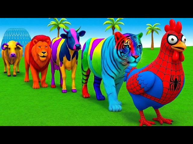 5 Giant Duck Cartoon,Cow,Elephant,Tiger,Lion,Dinosaur,Paint Wild Animals Crossing Fountain Animation