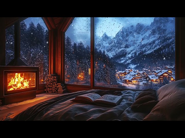 Snowfall Outside a Cozy Cabin| Warm Crackling Fire for Deep Sleep, Calm Mind and Peaceful Relaxation