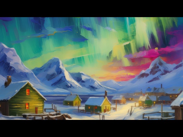 Arctic Village at Night | 1 Hour of Night Sky Oil Paintings for Your TV | Emma Mickelberg