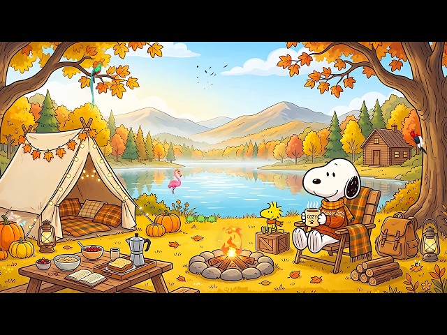 Snoopy's Cozy Autumn Camping 🏕️ Relaxing Jazz Music by the Lake for Study, Work & Coffee