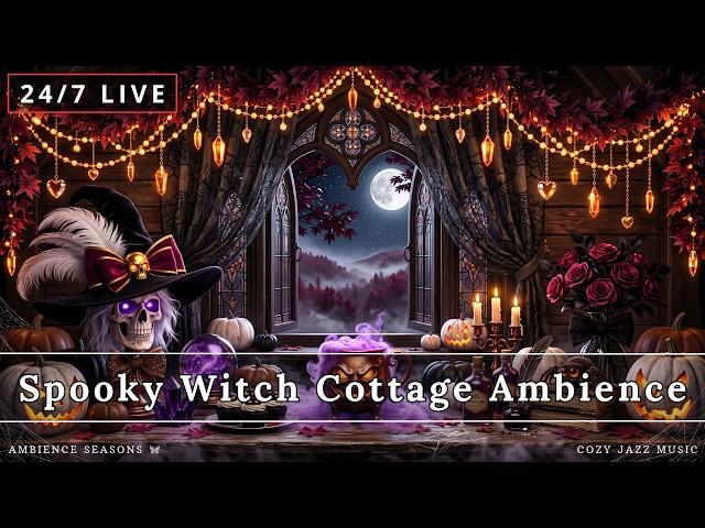 Spooky Witch Cottage Ambience | Cozy Jazz, Rain & Fireplace Sounds | For Study, Sleep & Relaxation