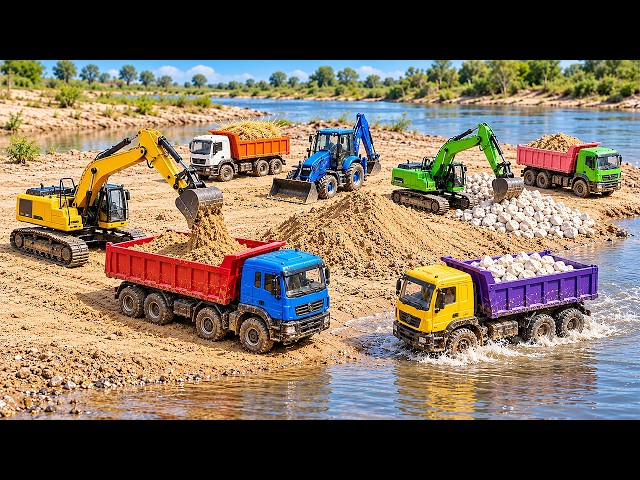 Jcb tractor video | Excavator Loading Sand, White Stone Truck Crossing River | tractor gadi
