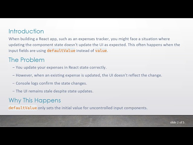 Fixing React UI Not Re-rendering by Replacing defaultValue with value