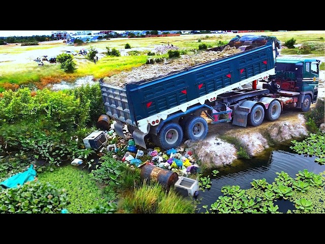 First Start Amazing PROJECT!! Landfill Damaged Road By Rain Flood Use Strong Dozer & 55Ton Truck.