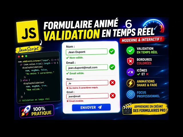 🚀 Create an Animated Form with Real-Time Validation | JavaScript + CSS (Shake, Fade & Icons ✔✖)6