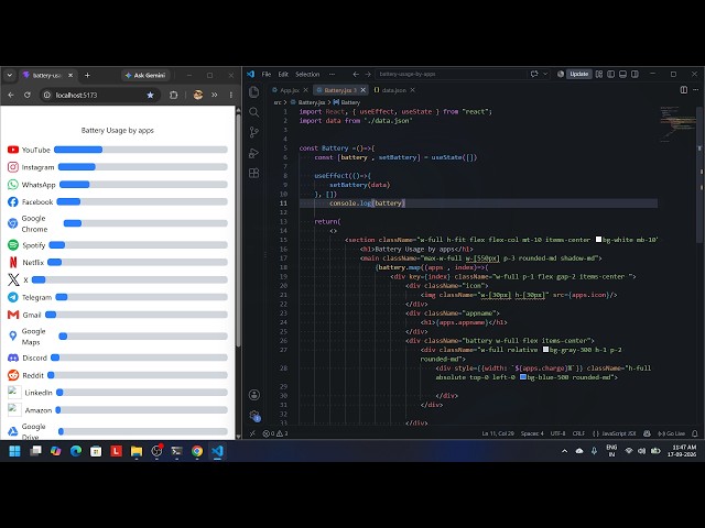 Code with me | Learning React JS ⚛️ | Building a Battery Usage by Apps with JSON Data