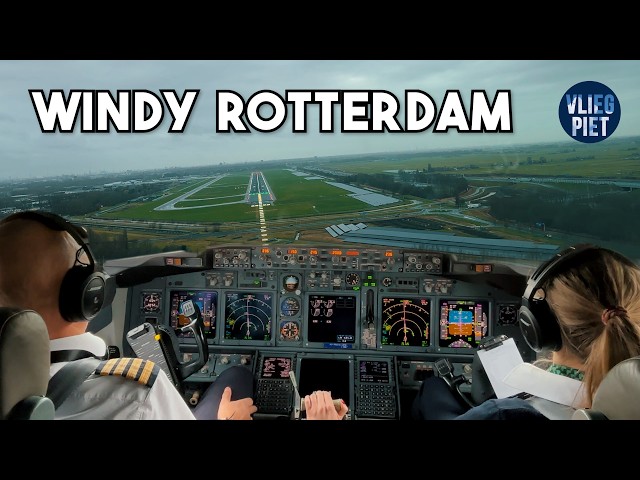Boeing 737 windy landing in Rotterdam | cloudy approach runway 24 | cockpit view