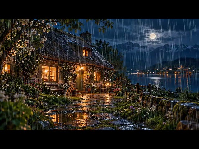 Spring Rain on a Thatched Cottage Among Blossoms by the Lake  4 Hours of Rain Sounds to Sleep