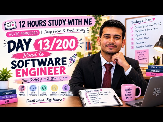12 Hours Study With Me 💻 | Day 13/200 — Road to Software Engineer (60/10 Pomodoro Deep Focus)