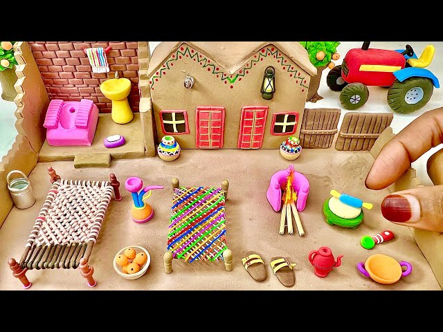 DIY How to make polymer clay miniature Village House, Washroom Set, Kitchen Set, Tree, Charpai
