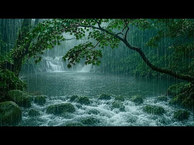 Calm Anxiety with Heavy Pouring Rain & Babbling Forest Stream | ASMR Natural Sound to Sleep Deeply