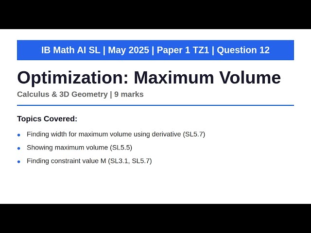 Optimization: Maximizing Volume | IB Math AI SL | May 2025 Paper 1 TZ1 Q12