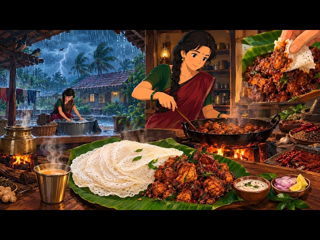 Heavy Rain & Thunderstorm 🌧️🔥 | Chicken Ghee Roast & Neer Dosa | Ghibli Cooking ASMR