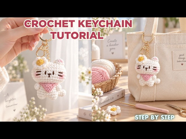 Cute Crochet Keychain Tutorial 🐱🌸 | Easy Crochet Ideas for Beginners | DIY Cat Keychain