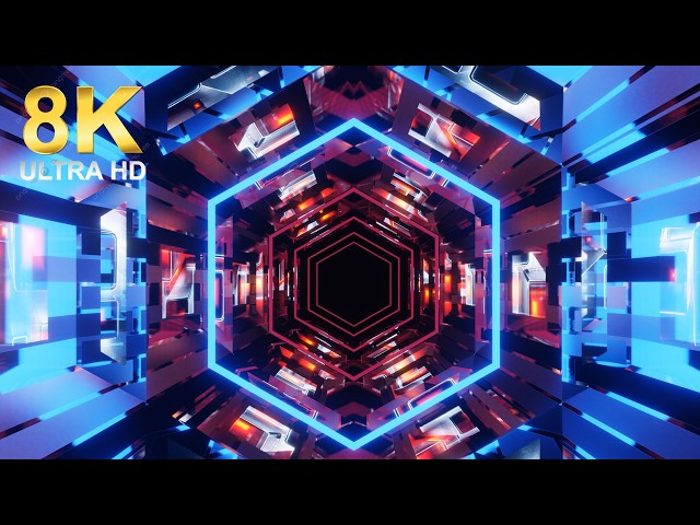 8K Futuristic Sci-Fi Neon Hexagon Tunnel Background with Blue and Red Glowing Lights VJ Loop
