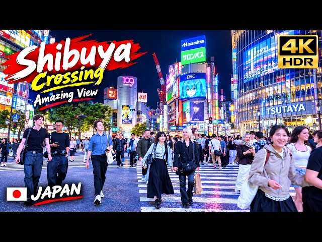 4K HDR Shibuya city night view & walking tour. Tokyo, Japan. 