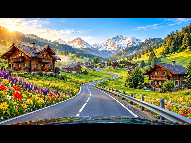 Driving Through Swiss Countryside, Calm and Relaxing Music, 4K