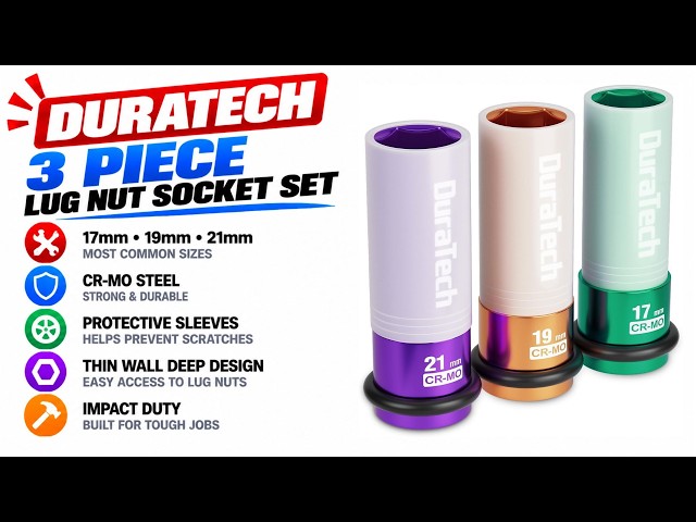 DURATECH 3PCS 1/2" Drive Lug Nut Impact Socket Set — 17mm 19mm 21mm Thin Wall Deep Sockets