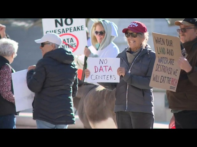 Citizens march at Virginia Beach Town Center for a data center moratorium