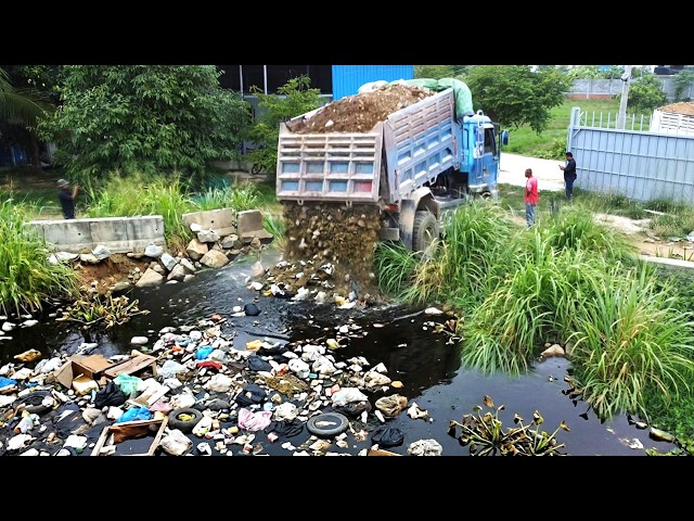 First Start Amazing PROJECT!! Filling Land Delete Deep Fish Pond Use Strong Bulldozer & 5Ton Truck.