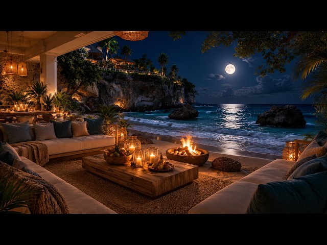 🔥 Moonlit Oceanfront Living Room | Soft Sea Waves & Warm Fire Sounds for Peaceful Sleep