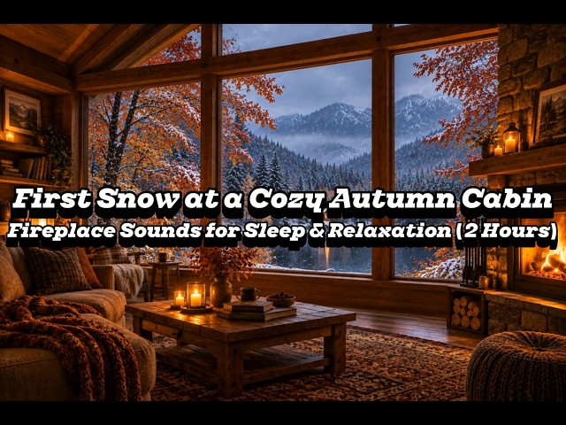 First Snow at a Cozy Autumn Cabin 🍂❄️🔥 Fireplace Sounds for Sleep & Relaxation (2 Hours)
