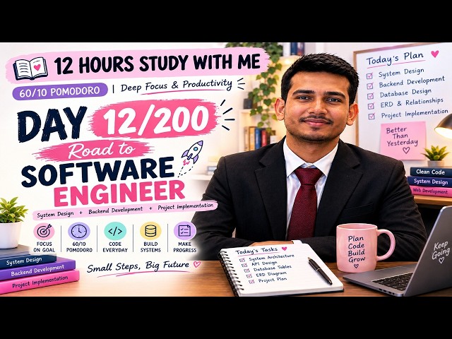 12 Hours Study With Me 💻 | Day 12/200 — Road to Software Engineer (60/10 Pomodoro Deep Focus)