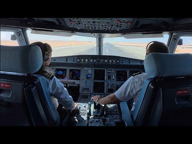 Pilot Cockpit View Start Up And Take OFF at Hurghada Airport RWY34L- turbulence - Airbus 321 NEO