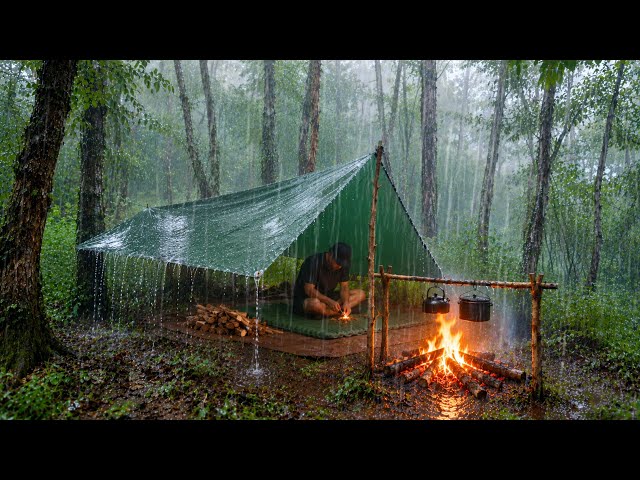 24 Hours Camping in Heavy Rain | Camping in the Rain with Only a Tarp