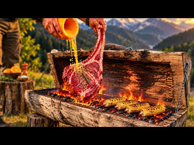 GIANT STEAK ON A WOODEN GRILL | Orange Marinade & Outdoor Cooking