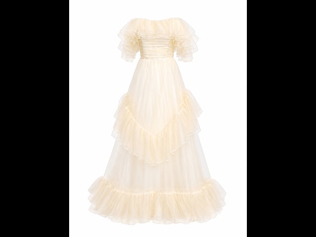 Champagne Off-Shoulder Double-Ruffle Corset-Bodice Tiered Tulle A-Line Floor-Length Maxi Gown