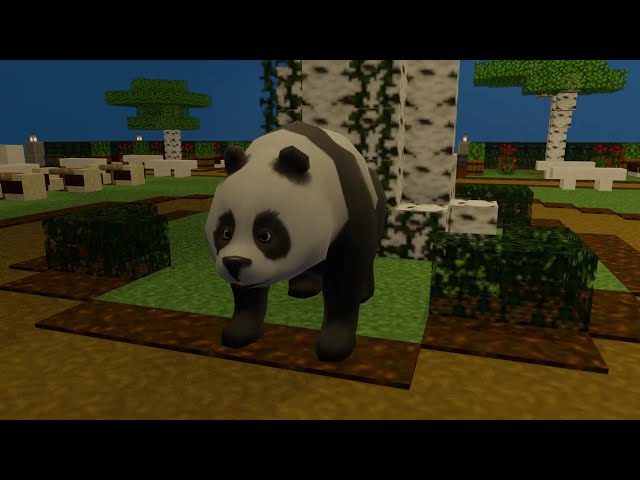 Panda climbing up tree in a Minecraft park.