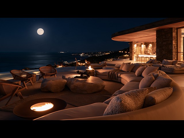 Oceanfront Serenity 🌙 Slow Jazz & Warm Fireplace Ambience