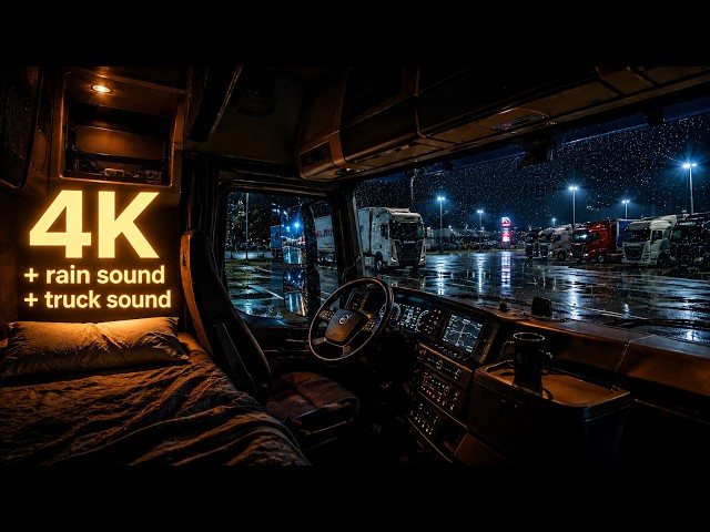 Rainy Night at a Truck Stop | Cozy Truck Cabin Ambience & Relaxing Truck Sounds for Sleep