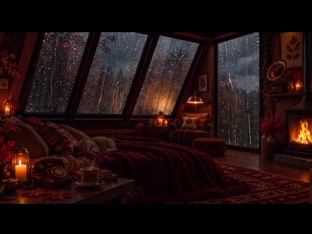 NO ADS A Cozy Autumn Loft Above the Rainy Forest: Fireplace Glow & Gentle Rain Sounds for Sleep