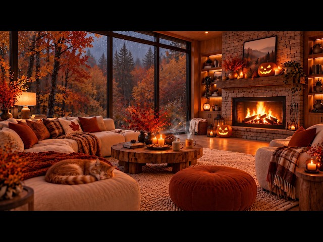 Warm & Smooth Jazz on a Rainy Autumn Porch 🍂☕ Fireplace Jazz for Study, Rest & Quiet Relaxation