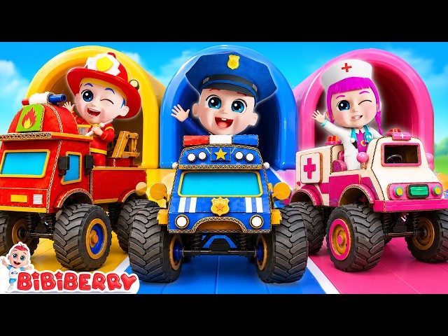 Fire Truck, Police Car, Ambulance | Cardboard Car Adventure | Educational Songs | Bibiberry