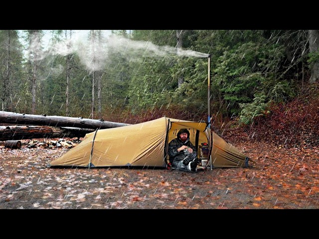 Escaping the Pouring Rain in a Solo Hot Tent
