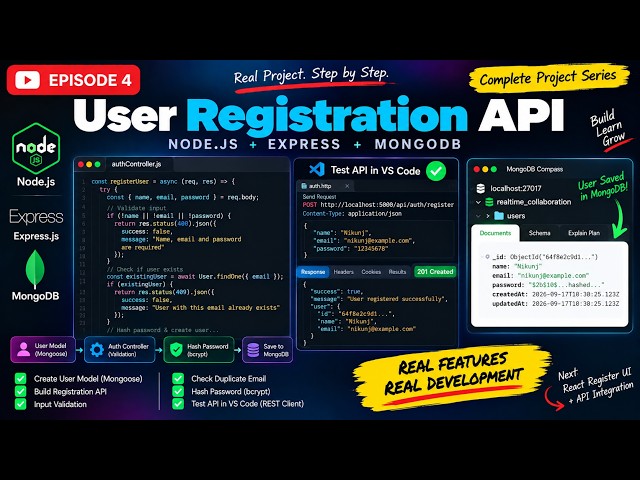 (Ep. 4) User Registration API with Node.js & MongoDB | bcrypt + VS Code API Testing 🚀