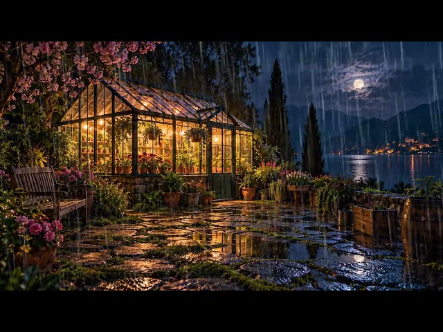 Spring Rain on a Glass Greenhouse Under Pink Blossoms and Tulips  4 Hours of Rain Sounds to Sleep