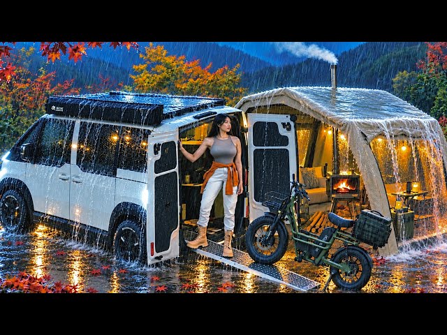 ☔️ Heavy Rain Camping in a PV5 Camper Van with an Inflatable Tent 🏕️ Rain Sounds . Electric Bike .