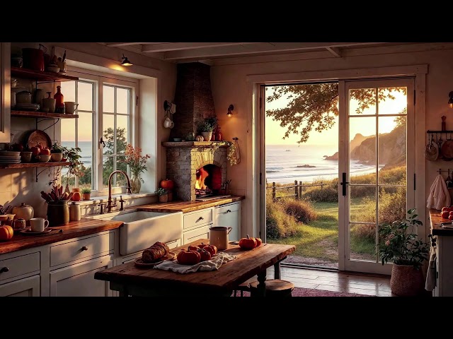 🍂 Golden Kitchen by the Sea | Coastal Autumn Ambience with Crackling Fireplace & Ocean Waves