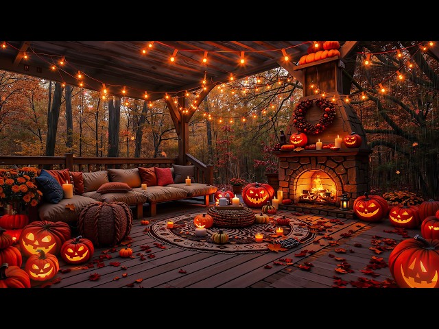 Dreamy Autumn Porch Ambience 🍂🔥 Smooth Jazz, Soft Rain & Warm Fireplace for Deep Sleep